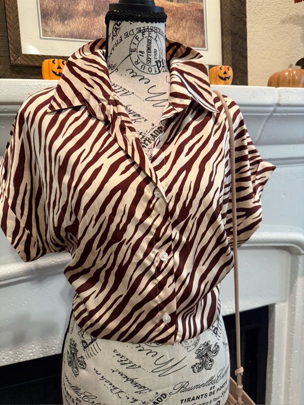 Brown Zebra Print Short Sleeve Button Down Shirt Blouse Safari Animal Print Sz M